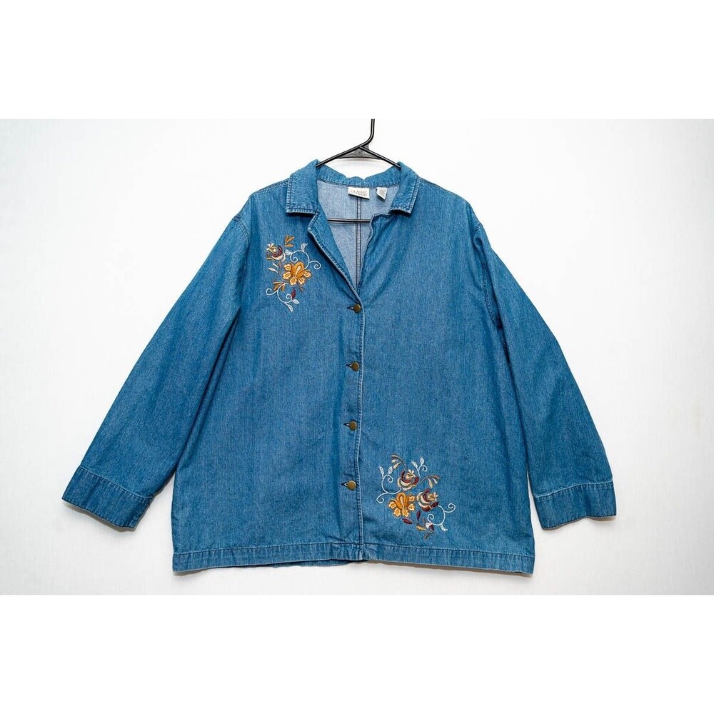 Classic Elements denim floral embroidered 20-22W Cotton button down shirt shacke